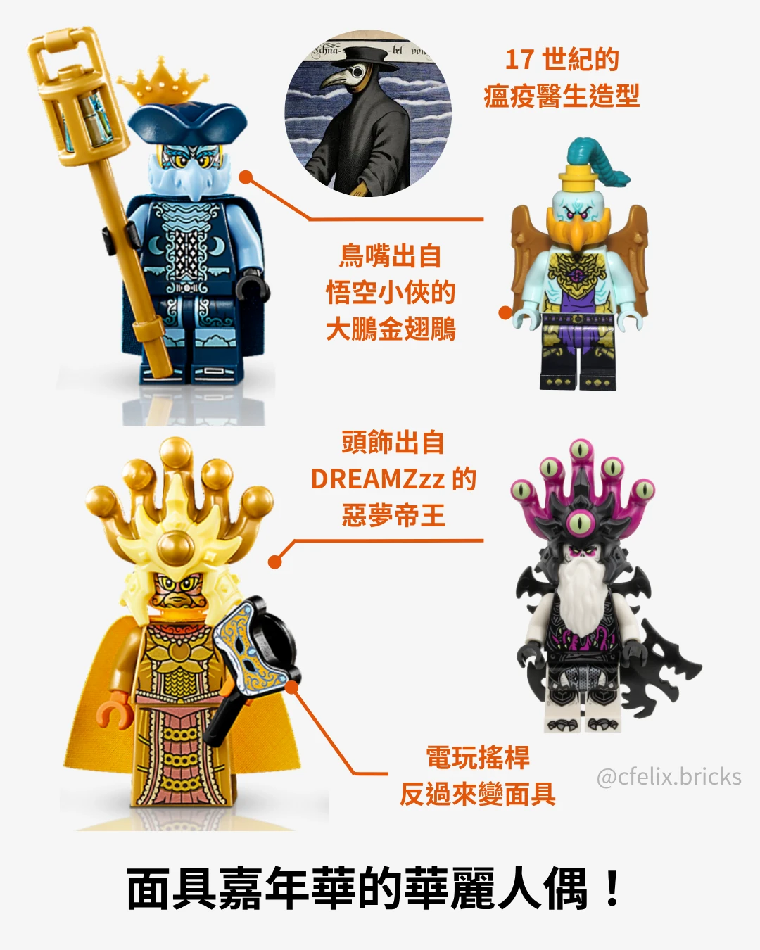 11388 威尼斯街坊 嘉年華人偶:瘟疫醫生鳥嘴出自悟空小俠大鵬金翅鵰,頭飾出自 DREAMZzz 惡夢帝王