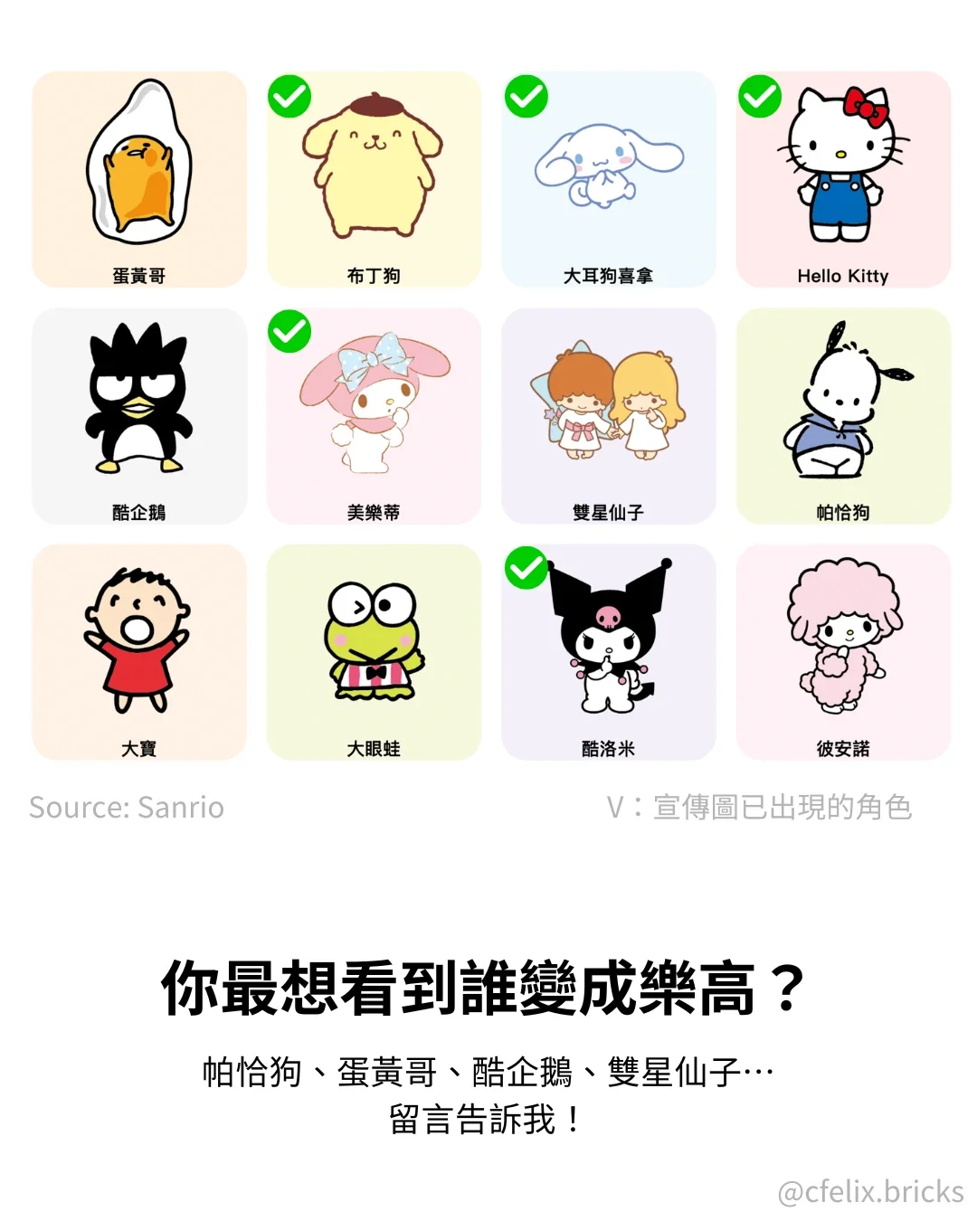 三麗鷗角色：蛋黃哥、布丁狗、大耳狗喜拿、Hello Kitty、酷企鵝、美樂蒂、雙星仙子、帕恰狗、大寶、大眼蛙、酷洛米、彼安諾